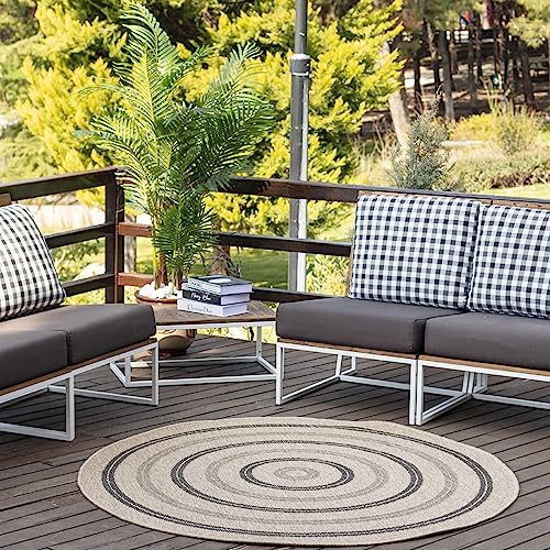 Surya Porto Teppich Schlafzimmer, Wohnzimmer, Esszimmer, Flur - Moderne Boho Teppich Geometrisches Muster - Weicher Skandinavisch Wohnzimmerteppich Schwarz, Beige - Carpet 160cm Rund Teppich von Surya