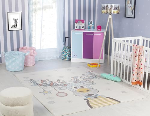 Livabliss Rentier Kinderteppich - Cartoon 80x150 cm, Tier Kinderzimmer oder Babyzimmer, Krabbelteppich oder Spielteppich - Baby für Jungen & Mädchen, Elfenbein und Blau von Livabliss