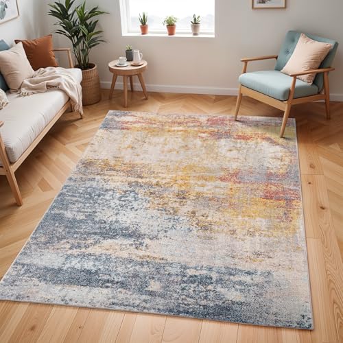 Livabliss Sarasota Moderner Teppich 200x274 cm – Abstraktes Design in Marmor-Optik, Weicher Kurzflor für Wohnzimmer, Schlafzimmer & Esszimmer, Blau, Senfgelb & Rost von Livabliss