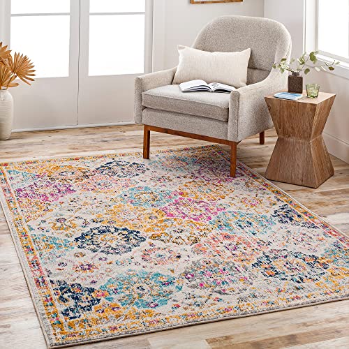 Surya Rabat Vintage Teppich groß - Teppiche Wohnzimmer, Esszimmer, Flur, Carpet Living Room - Orientalischer Teppich Boho Style - Bunter Muster, Mustard, Burnt Orange, Navy, Burgundy 200cm Square von Surya