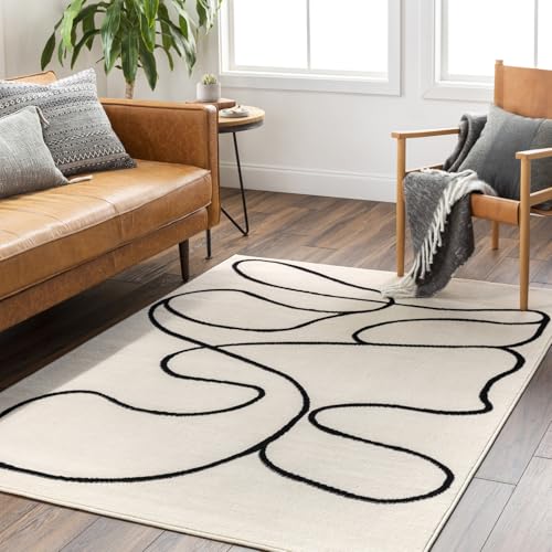 Livabliss Spokane Wohnzimmer Teppich modern – Abstrakt Design in Marmor Optik für Wohnzimmer 140x200 cm, Esszimmer, Schlafzimmer - Marmor Teppich groß, weicher Teppich Kurzflor Elfenbein und Schwarz von Livabliss