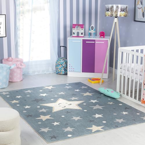 Livabliss Sterne Kinderteppich waschbar - Cartoon Teppich 120x170 cm, Sterne Teppich Kinderzimmer oder Babyzimmer, Waschbarer Krabbelteppich, Spielteppich - Baby Teppich für Jungen & Mädchen, Blau von Livabliss