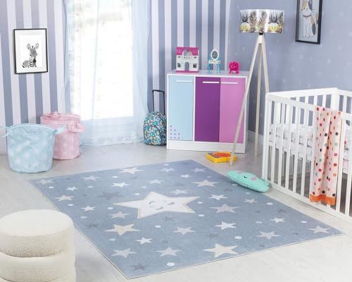 Surya Sterne Kinderteppich - Cartoon Teppich, Teppich Kinderzimmer oder Babyzimmer, Kinderzimmerteppich, Krabbelteppich oder Spielteppich - Baby Teppich für Jungen & Mädchen, Blau und Grau 80x150cm von Surya