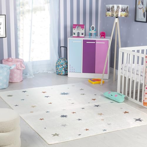 Livabliss Sterne Kinderteppich waschbar - Cartoon Teppich 160x213 cm, Sterne Teppich Kinderzimmer oder Babyzimmer, Waschbarer Krabbelteppich, Spielteppich - Baby Teppich für Jungen & Mädchen, Creme von Livabliss