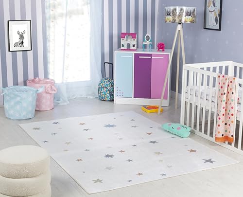Surya Sterne Kinderteppich - Cartoon Teppich, Teppich Kinderzimmer oder Babyzimmer, Kinderzimmerteppich, Krabbelteppich oder Spielteppich - Baby Teppich für Jungen & Mädchen, Creme 80x150cm von Surya