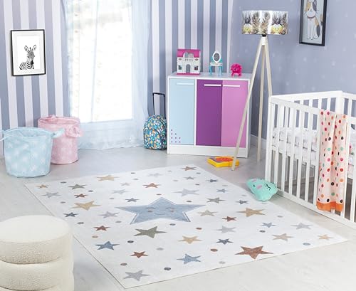 Surya Sterne Kinderteppich - Cartoon Teppich, Teppich Kinderzimmer oder Babyzimmer, Kinderzimmerteppich, Krabbelteppich oder Spielteppich - Baby Teppich für Jungen & Mädchen, Creme und Blau 120x170cm von Surya