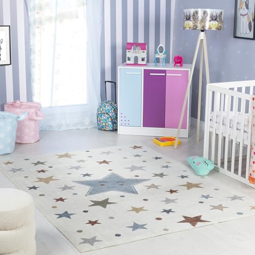 Livabliss Sterne Kinderteppich waschbar - Cartoon Teppich 160x213 cm, Sterne Teppich Kinderzimmer oder Babyzimmer, Waschbarer Krabbelteppich, Spielteppich - Baby Teppich für Jungen & Mädchen, Creme von Livabliss