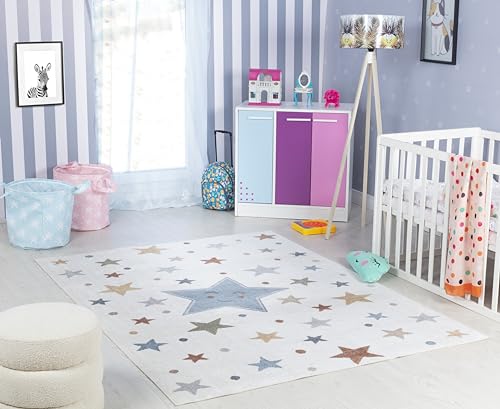 Surya Sterne Kinderteppich - Cartoon Teppich, Teppich Kinderzimmer oder Babyzimmer, Kinderzimmerteppich, Krabbelteppich oder Spielteppich - Baby Teppich für Jungen & Mädchen, Creme und Blau 80x150cm von Surya