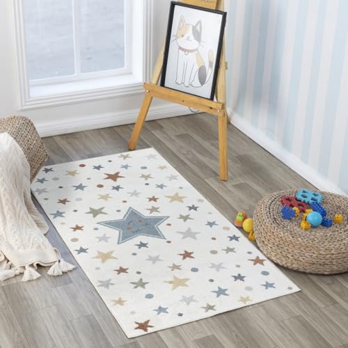 Livabliss Sterne Kinderteppich Waschbar - Cartoon 80x150 cm, für Kinderzimmer oder Babyzimmer, Krabbelteppich, Spielteppich - Baby für Jungen & Mädchen, Creme von Livabliss
