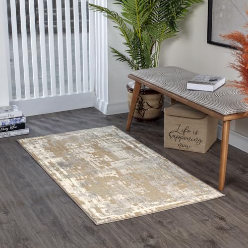 Surya Taza Teppich Läufer Modern – Abstrakt Design in Marmor Optik für Esszimmer, Schlafzimmer, Wohnzimmerteppich – weicher Marmor Teppich Groß 80x150cm Beige, Grau von Surya