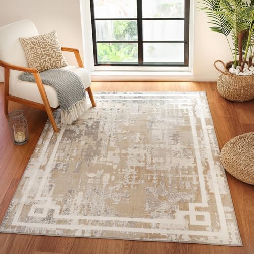 Livabliss Taza Wohnzimmer Teppich modern – Abstrakt Design in Marmor Optik für Wohnzimmer 160x213 cm, Esszimmer, Schlafzimmer - Marmor Teppiche groß, weicher Teppich Kurzflor in Beige, Grau, Elfenbein von Livabliss