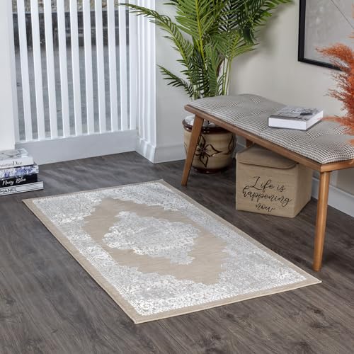 Surya Temara Vintage Teppich Läufer Flur, , Rugs Living Room - Boho Teppich Orientalisch Style, Kurzflor Carpet - Beige Läufer 80x150cm von Surya