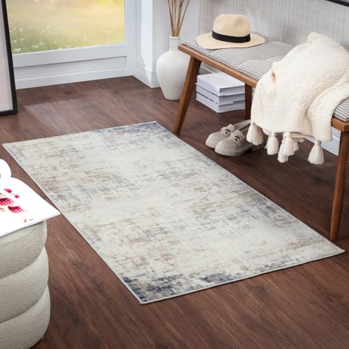 Livabliss Utrecht Teppich Läufer modern – Abstrakt Design in Marmor Optik für Wohnzimmer 80x150 cm, Esszimmer, Schlafzimmer – Marmor Teppich groß, weicher Teppich Kurzflor in Elfenbein, Grau, Blau von Livabliss