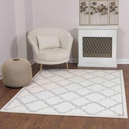 Livabliss Vannes Boho Teppich für Wohnzimmer und Schlafzimmer - 160x213 cm, Geometrisches Muster, Skandinavisch Modern in Weiß und Hellgrau von Livabliss