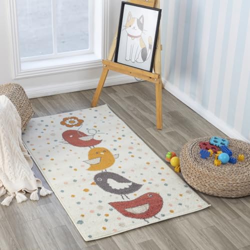 Livabliss Vögel Kinderteppich - Cartoon Teppich 80x150 cm, Tier Teppich Kinderzimmer oder Babyzimmer, Krabbelteppich oder Spielteppich - Baby Teppich für Jungen & Mädchen, Elfenbein und Vielfarbig von Livabliss
