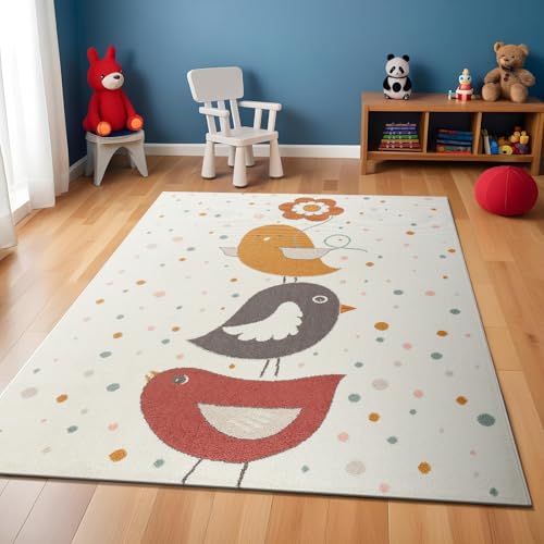 Livabliss Vögel Kinderteppich - Cartoon Teppich 160x213 cm, Tier Teppich Kinderzimmer oder Babyzimmer, Krabbelteppich oder Spielteppich - Baby Teppich für Jungen & Mädchen, Elfenbein und Vielfarbig von Livabliss
