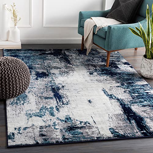 Surya Helsinki Teppich Wohnzimmer Modern – Abstrakt Design in Marmor Optik für Wohnzimmer, Esszimmer, Schlafzimmer – weicher Marmor Teppich, Kurzflor Teppich groß 160x220cm in Blau von Surya