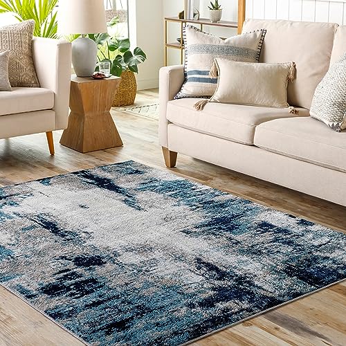 Surya Helsinki Teppich Wohnzimmer Modern – Abstrakt Design in Marmor Optik für Wohnzimmer, Esszimmer, Schlafzimmer – weicher Marmor Teppich, Kurzflor Teppich groß 200x274cm in Blau von Surya