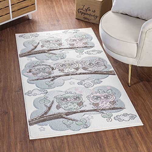 Surya Waldtiere Kinderteppich - Eule-Teppich, Teppich Kinderzimmer oder Babyzimmer, Kinderzimmerteppich, Krabbelteppich oder Spielteppich - Baby Teppich für Junge & Mädchen, Beige 160x220cm von Surya