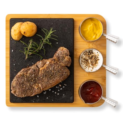 Susable® Lavastein Steak-BBQ Servierbrett Set, Hot Stone Steingrill Set aus Bambusbrett Lavastone, Grillen auf heißem Stein,perfekt als Grillbrett,Steakbrett,Grill Zubehör für Steak,Burger&Sushi(Groß) von Susable