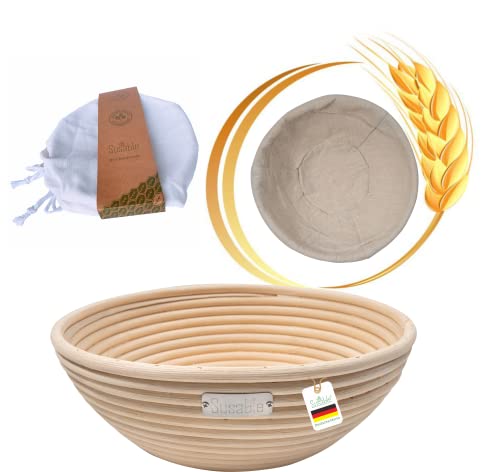 Susable Hochwertiger Gärkorb rund - Gärkörbchen mit waschbarem Leineneinsatz - Optimal für 1Kg Teig - Das perfekte Brot backen Zubehör - natürlicher Gärkorb, Brotkorb von Susable