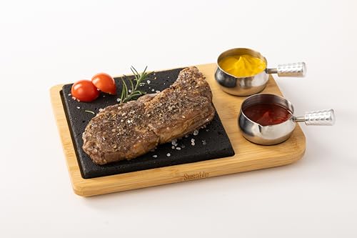 Susable Lavastein Steak-BBQ Servierbrett Set,Hot Stone Steingrill Set aus Bambusbrett Lavastone,Grillen auf heißem Stein,perfekt als Grillbrett,Steakbrett,Grill Zubehör für Steak,Burger&Sushi(klein) von Susable