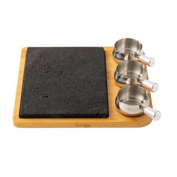 Susable "PFAS-Frei" Raclette Lava Stein Tisch Grillset - Lange Hitzebeständigkeit / Temperaturregelung / inkl. 3 Soßen-Töpfe von Susable