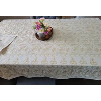 Elegante Beige Leinen Tischdecke Set Mit 12 Handbestickten Servietten - Dunkelgolden & Gold Seidenfaden Größe 314 X 144cm. Ideales Geschenk von SusanGiftsshop