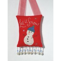 Let It Snow Kissen Ornament Mit Gesticktem Schneemann, Filz-Schneemann Perlen von SusanStahlDesign