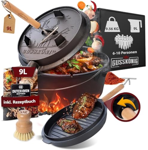 GUSSKÖNIG Dutch Oven Set - Eingebrannter Dutch Oven 9 Liter - Feuertopf Gusseisen mit Füßen - Schmortopf Doppelfunktion - inkl. 2in1 Deckelheber, Bürste & DutchOven Rezeptbuch [für 6-10 Personen] von Gusskönig