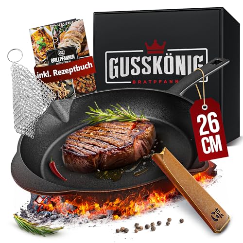 GUSSKÖNIG Gusseisenpfanne - 26cm Pfanne Gusseisen - Bratpfanne Induktion - Eingebrannte Gusseisen-Pfanne - Cast Iron Pan - Robuste Gusspfanne + Echtle von Susani