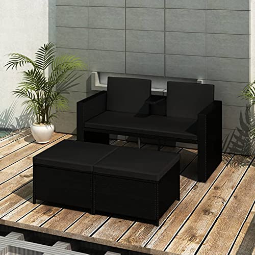 Susany 3-TLG. 2-Sitzer Lounge-Sofa Gartensofa Gartensitzbank Gartenliege Gartensitzbank mit Tisch & Hocker für Garten, Balkon und Terrasse inkl. Sitzkissen, Poly Rattan Schwarz von Susany