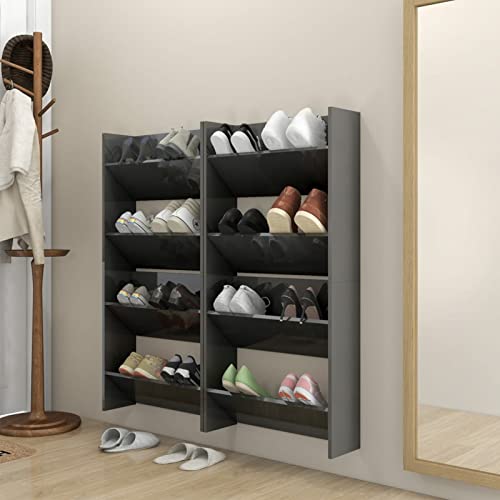 Susany 4 STK. Schuhschrank Hängend mit 2 Kippböden Ausgestattet, Schuhregal Wandmontage, Schuhorganizer, Schuhregal Wand Spanplatte, Hochglanz-Grau 60x18x60 cm von Susany