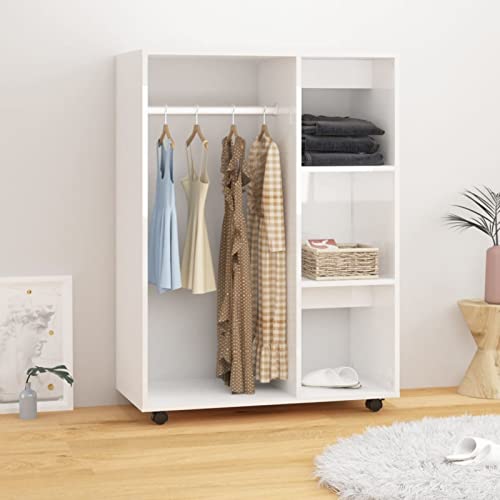 Susany Kleiderschrank mit Offenem Fach 3 seitlichen Ablagen, Kleiderschrank mit Rollen, Garderobenschrank Schlafzimmer Schrank Spanplatte Hochglanz-Weiß 80x40x110 cm von Susany