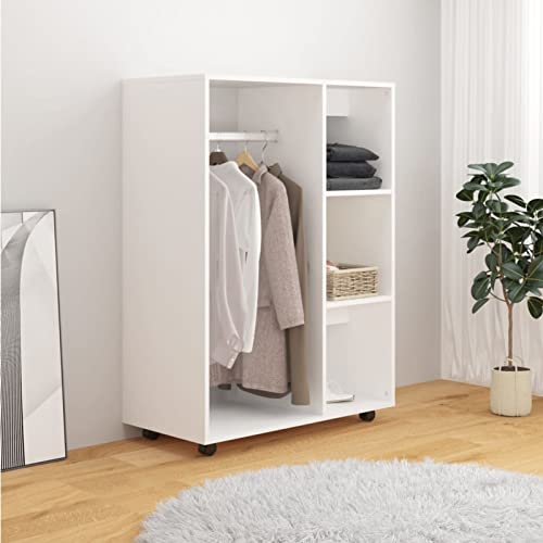 Susany Kleiderschrank mit offenes Fach 3 seitlichen Ablagen Rollen Garderobenschrank Garderobe Schlafzimmerschrank Aufbewahrungschrank Weiß 80x40x110 cm Spanplatte von Susany