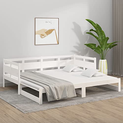 Susany Tagesbett Ausziehbar mit Lattenrost Schlafsofa Kinderbett Bettgestell Bettrahmen Ausziehbett Holzbett Sofa Gästebett Einzelbett/Doppelbett Bettsofa Weiß Massivholz Kiefer 2X(80x200) cm von Susany