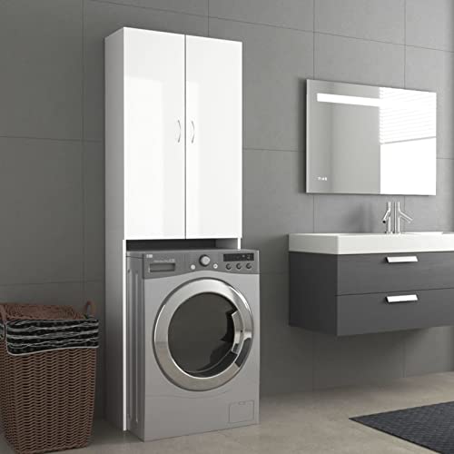 Susany Waschmaschinenschrank mit 2 Türen und 3 Fächern, Badschrank, Hochschrank, Badregal, Badmöbel Spanplatte Hochglanz-Weiß 64x25,5x190 cm von Susany