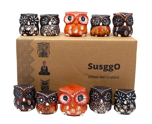 SusggO Eulen-Set, 10 Stück, kleine Holzdekorationsfiguren, Glückseule, zum Basteln von Möbeln. Sonderausgabe von SusggO