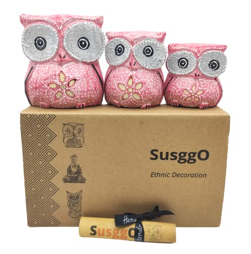 SusggO Eulen-Set, 3 Stück, Holz, Dekoration, handgeschnitzt, Glückseule, Kunsthandwerk, für Möbel, Home Decor (Rosa Blume) von SusggO