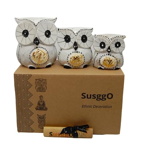 SusggO Eulen-Set, 3 Stück, aus Holz, Dekoration, Glückseule, für Möbel, Weiß, goldene Details von SusggO