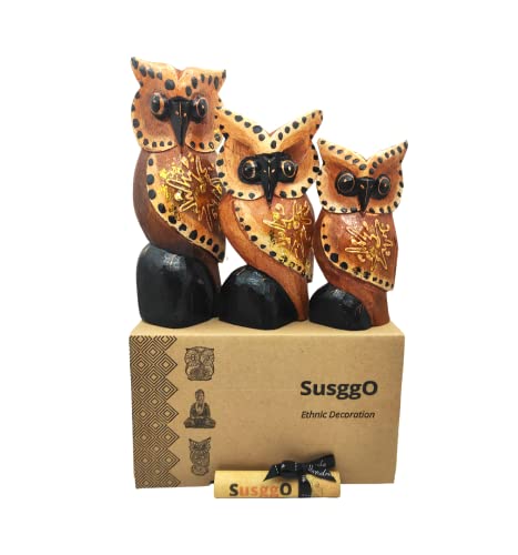 SusggO Set mit 3 Tierfiguren aus Holz, Glückseule, Glückskatze, Schildkröte, Fisch - Dekoration, handgeschnitzt, Kunsthandwerk, Ornament für Möbel (3 Eulen, braune Flügel, mit Stern, DR) von SusggO