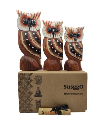 SusggO Set mit 3 dekorativen Eulen aus Holz - Eule Dekoration - Eule Tierfiguren - Eule des Glücks - Eule des Glücks - Kunsthandwerk, Verzierung (3 Eulen Flügel braun Modell 1 BAMPT1) von SusggO