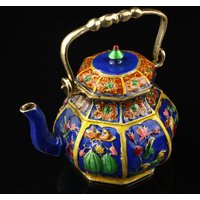 Alte Sammlung Handgeschnitzte Reine Kupfer Cloisonne Emaille Farbige Blumenmuster Teekanne Weinkanne von Susiepingg