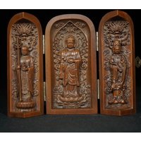 Sammeln Sie Antike Natürliche Buchsbaum Handgeschnitzt Drei Heiligen Guanyin Buddha Ornamente von Susiepingg