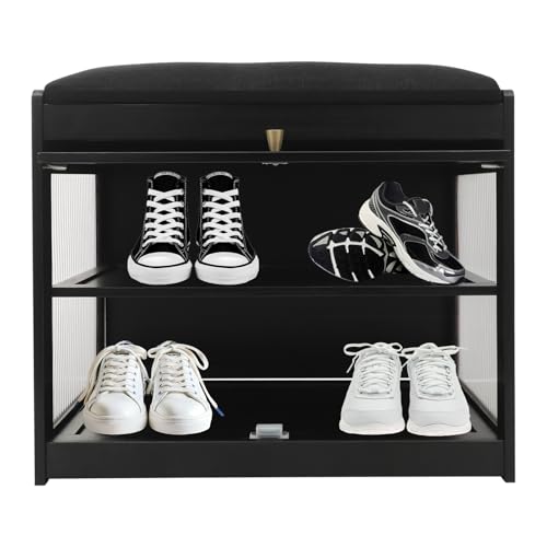 Susoso 2 Stufen Schuhwechselbank, Schuhregal mit Kissen Schuhaufbewahrung Tragfähigkeit 75kg für Hausschuhe 50x32x44cm (Schwarz) von Susoso