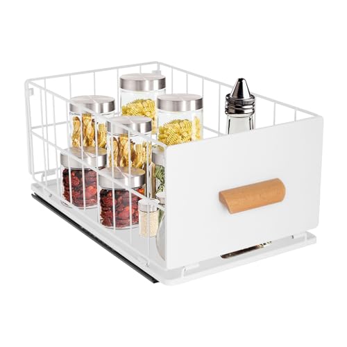 Susoso Teleskopschublade, Schiebeschrank Korb Ausziehbare Schublade Küchenschrank Aufbewahrungsregale Benutzerfreundliches Design Tragfähigkeit 15kg für Küche 40x24x18cm Weiß von Susoso