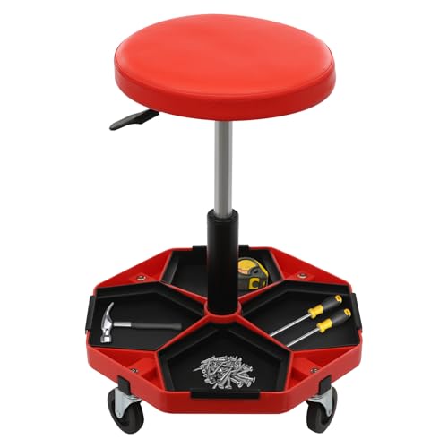 Susoso Werkstatthocker Rollhocker, Werkstatt-Rollsitz mit Werkzeugablage Gewichtskapazität 150kg Drehhocker Höhenverstellbarer Bereich 45-61cm für Autoreparaturen Rot, Schwarz von Susoso