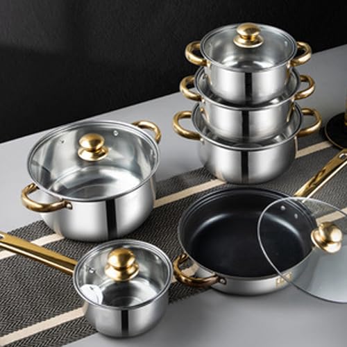 SustVita Kitchen Pots Set with Gold Handle, 12Pcs Stainless Steel Cookware Set, Multifunctional Cooking Pots and Pans for Easy Home Cooking von SustVita
