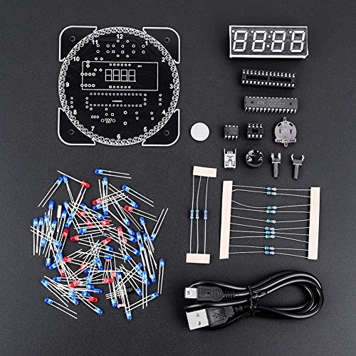 Sutinna DIY LED Digital Uhr Set Multifunktions Drehung Lichtsteuerung Elektronischer Digitaler LED Temperaturwecker für Zuhause, Schule (Rot + Kabel + Hülle) von Sutinna