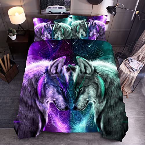 Bettwäsche 135x200 Mikrofaser 2teilig Blauer Und Lila Wolf Teenager, Bettbezug 135 x 200 2er Set mit 80x80 cm Kissenbezug, Kinderbettwäsche Für Einzelbett mit Reißverschluss von Sutmorly